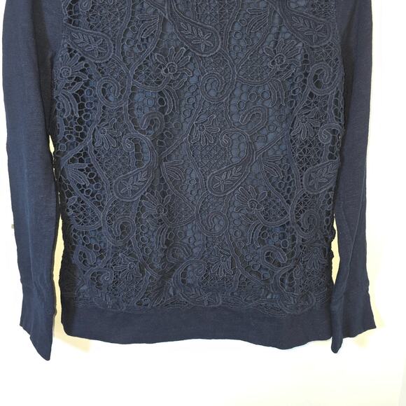 J. Crew Navy Crochet Lace-Front Crew Neck Sweatshirt Size M Cotton Silk Blend - Picture 3 of 8